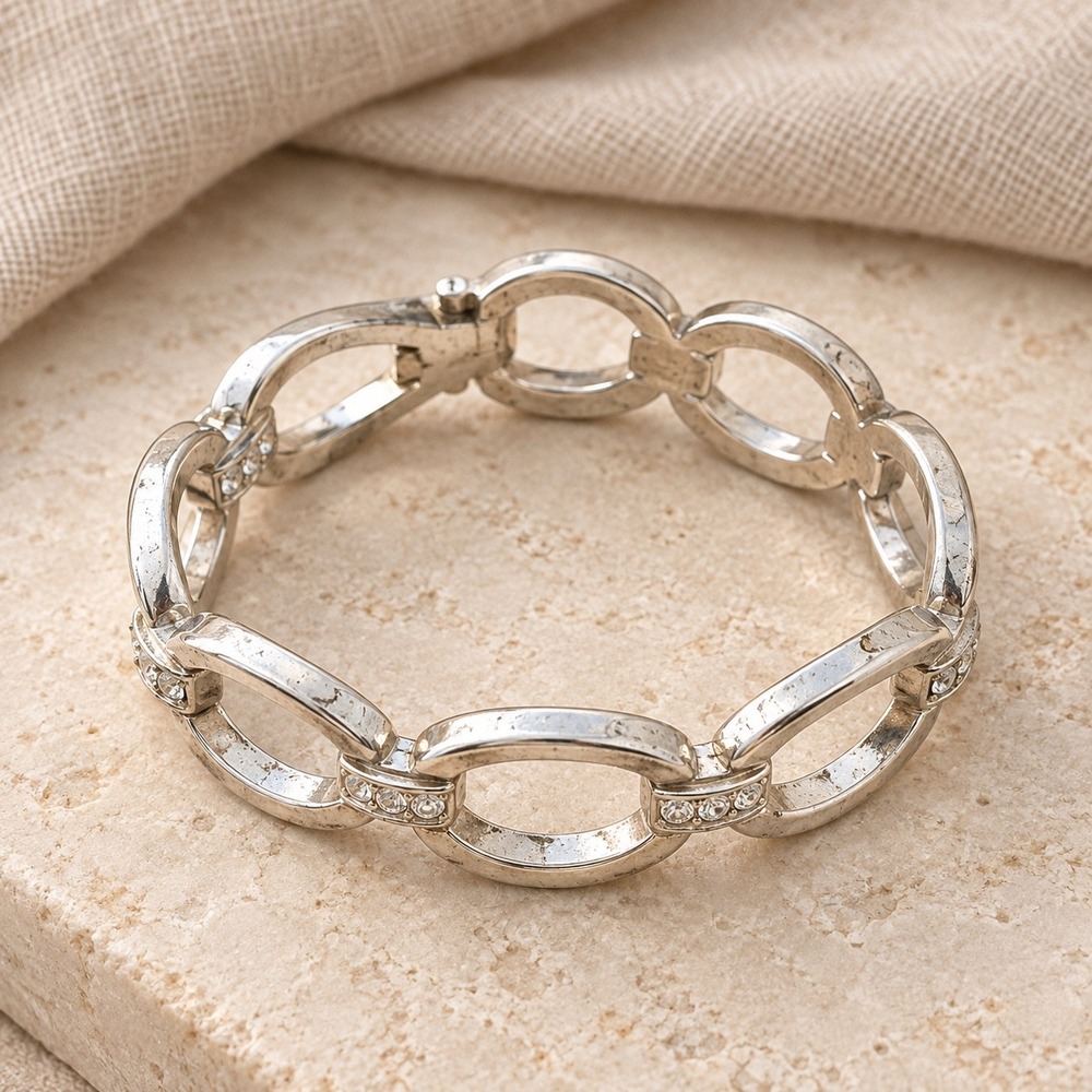 Silver Tone Chunky Oval Link Bracelet Rhinestone Accents Fold Over Clasp Vintage